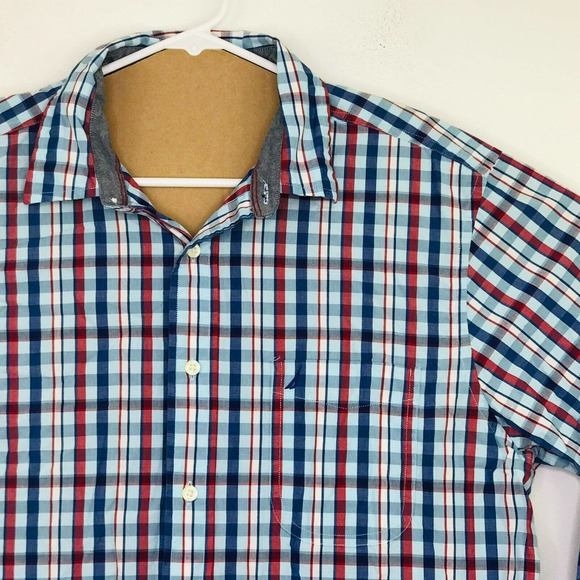 Nautica Men's Large Shirt Blue Red Plaid Long Sleeve Pocket Front Button Up BM6 - Picture 2 of 5